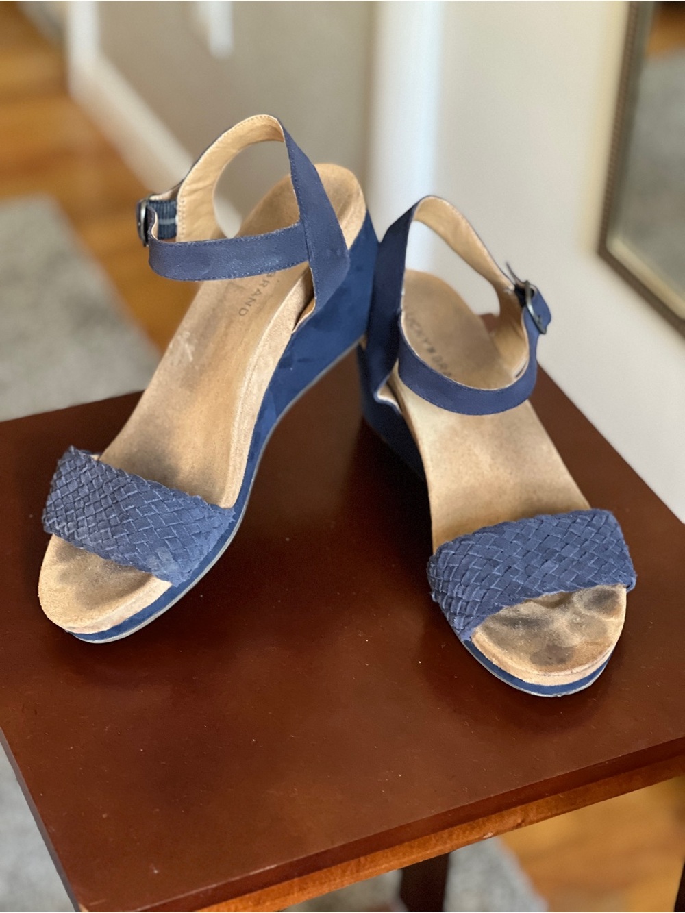 Navy Blue Woven Strap Wedge Sandals - Women